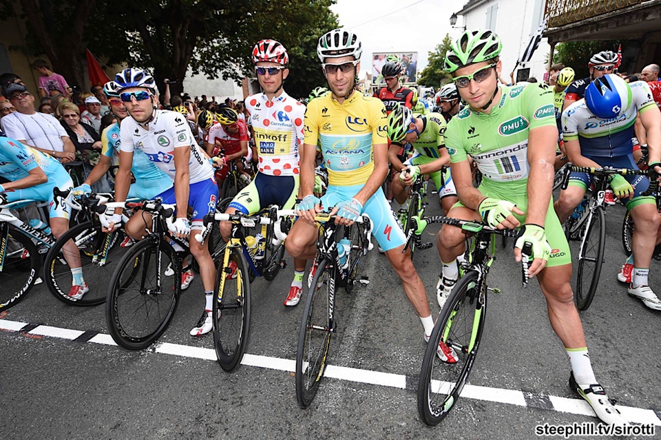 Jersey leader photo op- Thibaut Pinot (FDJ.fr), Rafal Majka (Tinkoff - Saxo), Vincenzo Nibali (Astana), Peter Sagan (Cannondale) prior to the start in Maubourguet Val d'Adour
